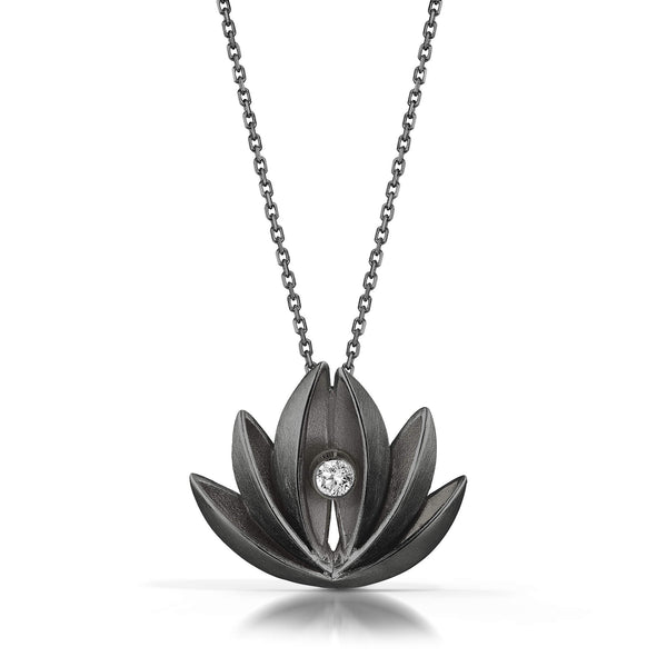 oxidized silver lotus pendant with diamond