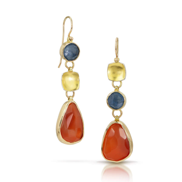 Multi Color Triple Drop Earrings - 18K Gold and Gems