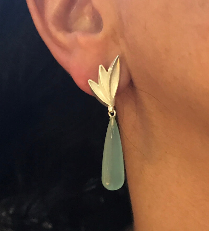 Bird of Paradise with Smooth Chalcedony Drop Earrings- Sterling Silver