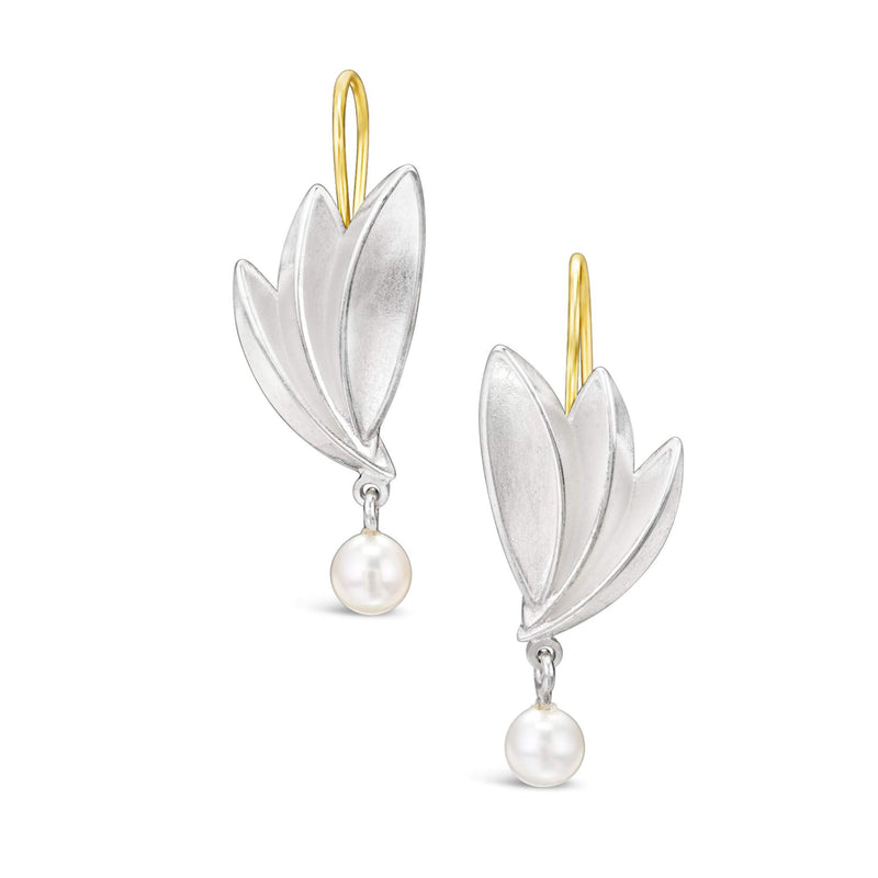 gold sterling silver feather earrings with pearl
