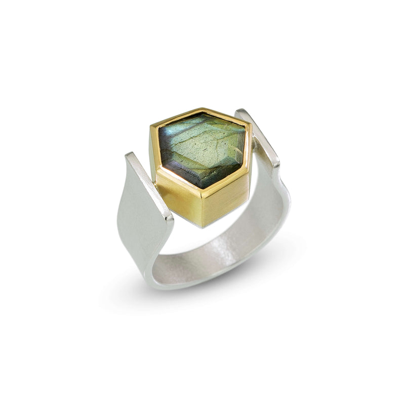 sterling silver gold hexagon Labradorite ring