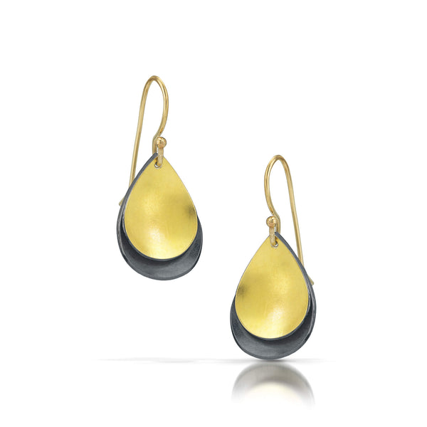 oxidized silver and gold tear drop earrings