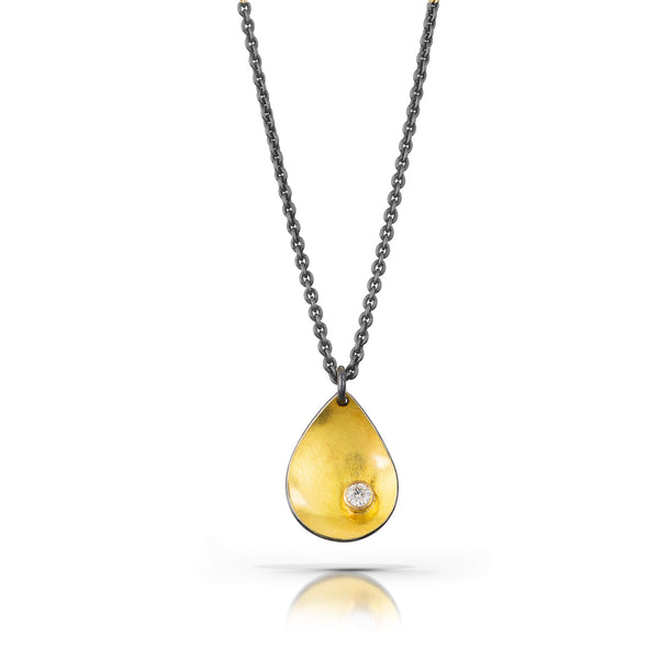 oxidized silver chain with gold tear drop pendant