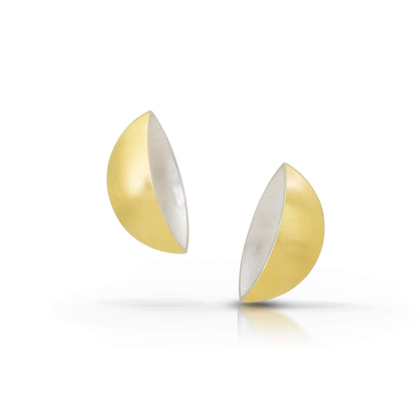 gold half moon bowl earrings with silver interior