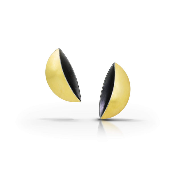 gold half moon earrings with oxidized silver interior