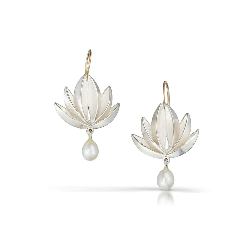 silver lotus earrings with pearl