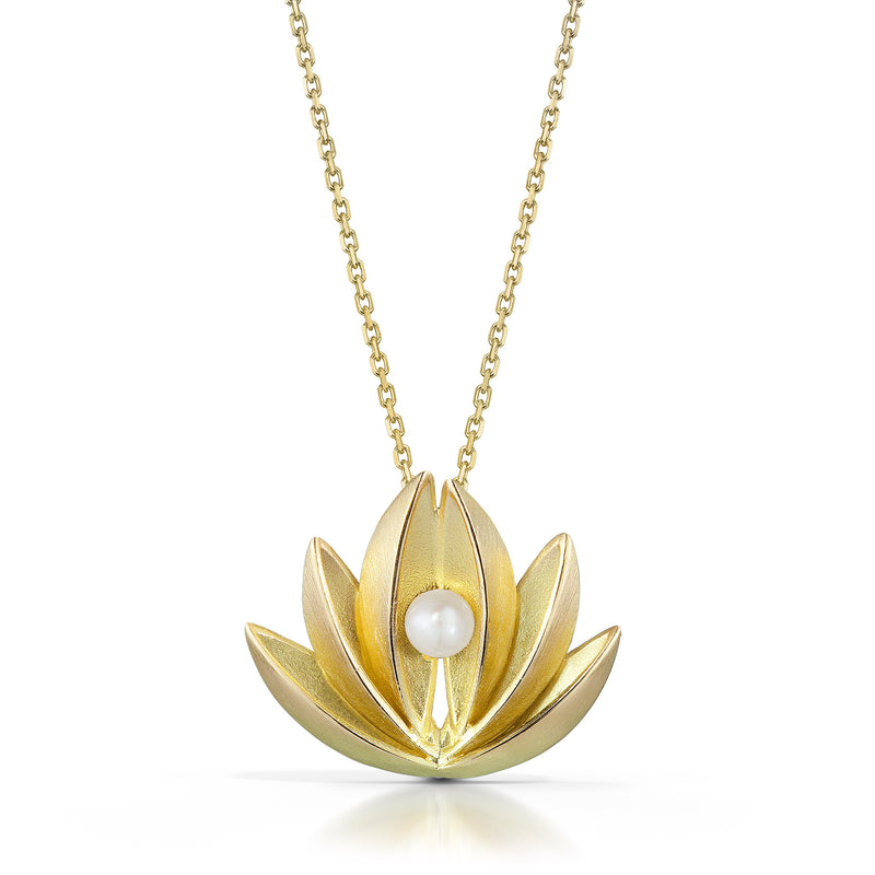 Lotus Pendant w/ Pearl Center - 18K Gold