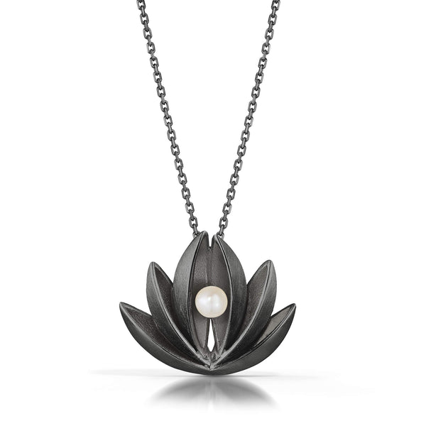 oxidized silver lotus pendant with pearl 
