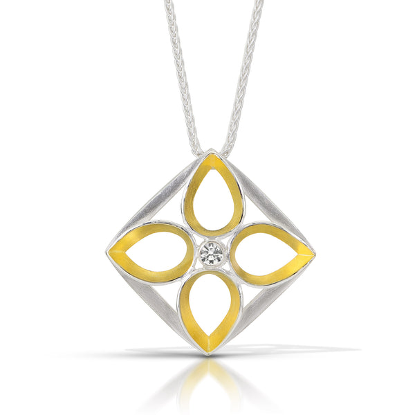 silver and gold square flower pendant