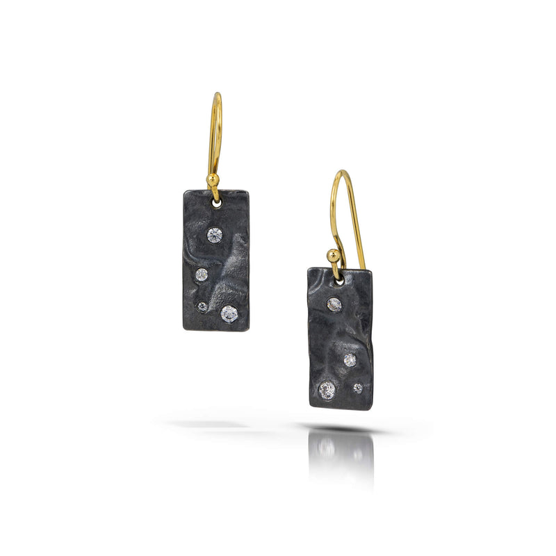 rectangle Oxidized Sterling Silver drop earrings with gold wires