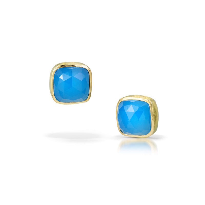 gold blue chalcedony stud earrings