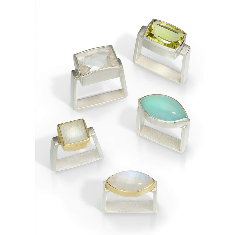 Square Rings - Silver, Gold and Marquis Moonstone